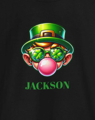 St Patricks Day Kids Tee - Leprauchaun Blowing Pink Gum