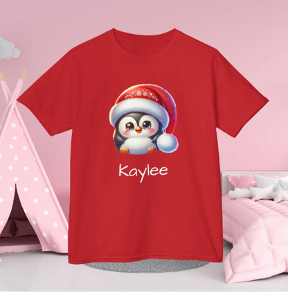 Kids T-Shirt - Cartoon Penguin Santa Hat Design