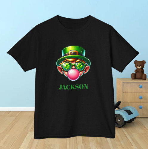 St Patricks Day Kids Tee - Leprauchaun Blowing Pink Gum